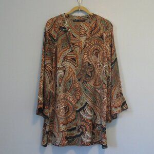 Zara Basic Brown Paisley Tunic Kaftan Top Sz L Wide Sleeves Flowy